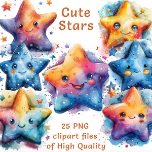 Lot de cliparts étoiles | 25 fichiers PNG | Graphiques astral aquarelle | Utilisation commerciale | Clipart arc-en-ciel kawaii, décoration imprimable pour chambre d'enfant