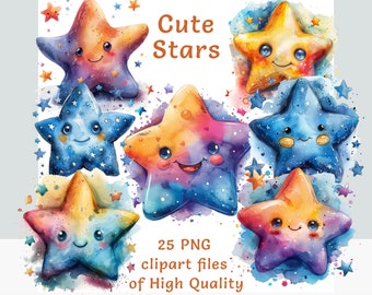Smiling star clipart bundle, Watercolor birthday clipart, commercial use kawaii kid sticker, sublimation print wall art png set