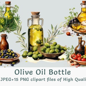 Premium Olivenöl Digitales Clipart-Set, 15 Aquarell Glasflaschen Illustrationen, PNG & JPEG, Food Art, kommerzielle Nutzung, einzigartiges Küchendekor