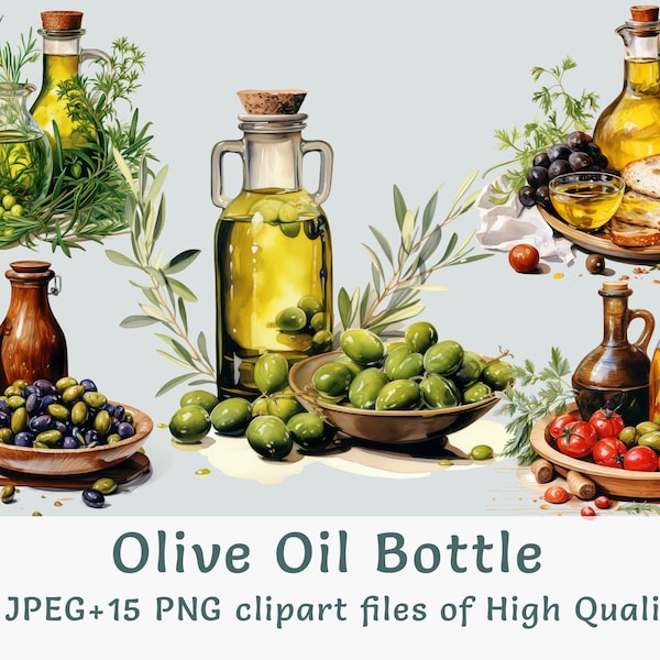 Premium Olive Oil Digital Clipart Set, 15 Watercolor Glass Bottle Illustrations, PNG & JPEG, Food Art, Commercial Use, Unique Kitchen Decor