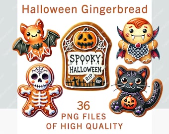 Gingerbread clipart | 36 PNG | Watercolor halloween clipart | Commercial use sublimation print digital cookies stickers spooky printable art