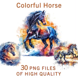 Clipart cheval | 30 fichiers PNG | Stickers aquarelles pour chevaux | Utilisation commerciale | Clipart animaux | Décoration imprimable | Impression par sublimation