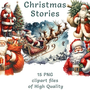 Kerstclipart | 15 png-bestanden | Aquarel kerstmanstickers | Digitale printables voor commercieel gebruik | Illustraties kerstboom