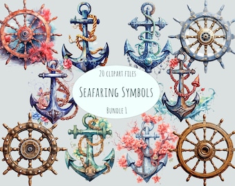 May include: Watercolor illustrations of nautical elements, including ship wheels and anchors. The anchors are in shades of blue, green, and brown, adorned with rope and floral accents. The text reads "Seafaring Symbols Bundle 1".
