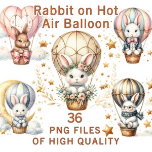Birthday Bunny Clipart | 36 PNG Cute Rabbit with Hot Air Balloon Art | Watercolor Sublimation, Stickers, Baby Shower, Nursery Kids Decor