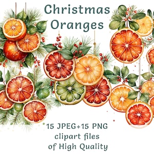 Colección de imágenes prediseñadas de cítricos navideños, 15 naranjas de acuarela PNG/JPEG, arte digital festivo para uso comercial, imprimibles de frutas de colores.