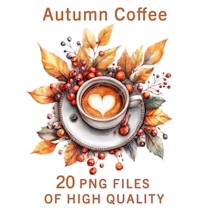 Clipart café | 20 fichiers PNG | Stickers aquarelle café | Utilisation commerciale | Imprimables sur le thème de l'automne | Art de la boisson chaude, expresso cappuccino