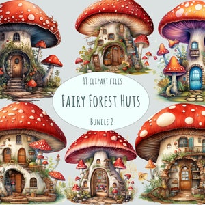 May include: Eleven digital clipart files of whimsical fairy houses built into red and white mushroom caps. The houses have stone walls, windows, doors, and chimneys. The mushrooms are surrounded by green foliage and small mushrooms.
