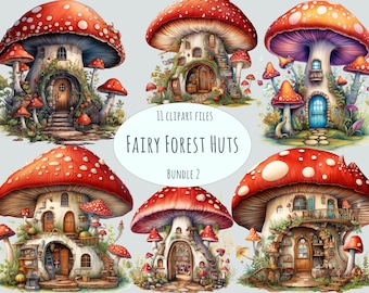Paddenstoel huisje clipart bundel, aquarel paddestoel clipart, commercieel gebruik pixie huis stickers pack, sublimatie print huis png set