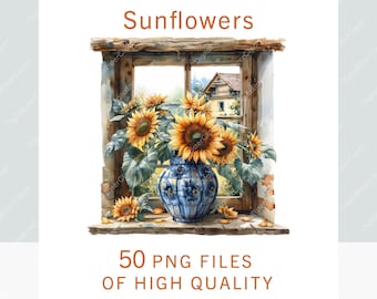 Clipart tournesol | 50 PNG | Clipart fleur aquarelle | Lot floral d'autocollants numériques de scrapbooking d'été, impression par sublimation à usage commercial