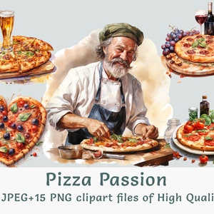 Pizza-clipartbundel | 15 PNG JPEG Pizzaiolo, Italiaans eten, Digitale download, Gastronomische kunst, Sublimatie, Stickers, Menu's, Restaurantdecor