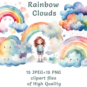 Clipart de arco-íris | 15 PNG e JPEG | Clipart kawaii em aquarela | Ilustrações comerciais para berçário | Pacote digital de impressão por sublimação