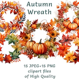Clipart de guirlanda | 15 PNG e JPEG | Clipart de outono em aquarela | Gráficos de outono para uso comercial | Clipart digital de folhas com impressão por sublimação