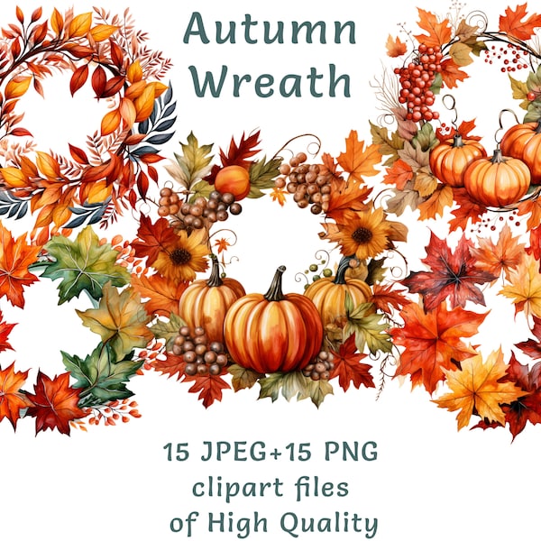 Autumn Wreath with Orange Leaves Clipart: 15 PNG & JPEG, Watercolor Fall Floral Illustrations, Seasonal Autumn Decor Graphics Commercial Use