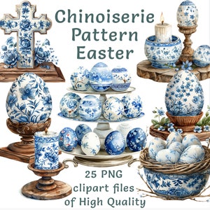 Chinoiserie Pasen-clipart | 25 png-afbeelding blauw-witte bloemeneieren, kruis en kaars | Lentedecor, vintage sublimatie, printbare feestdagen
