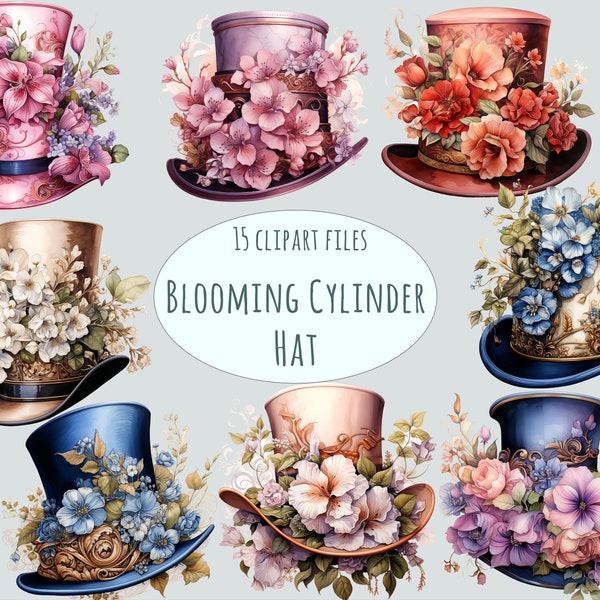 Vintage Top Hat Clipart, Watercolor Steampunk Floral Designs, 15 PNG, Unique Retro Digital Art for Commercial Use, Fashion Illustration