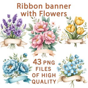 Clipart de flores / 43 archivos PNG / Clipart floral de acuarela / Etiquetas personalizables para uso comercial / Banner de impresión por sublimación / Clipart de boda