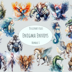 Fantastische wezens clipart, 35 hoge kwaliteit PNG, drakenmuurkunst, elf zeemeerminnen printables junk journal commercieel gebruik mythische magische stickers