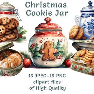 Koekjestrommel clipart | 15 png en jpeg | Aquarel kerst clipart | Digitale bundel cookies voor commercieel gebruik | Voedselclipart | Vintage kunstdoos