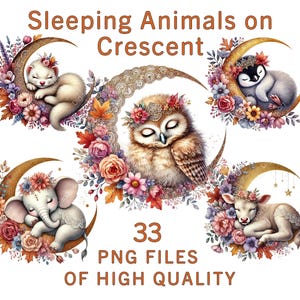 Schläfrige Tiere Kinderzimmer Clipart, Aquarell Crescent Moon Set, 33 PNG Dateien, kommerzielle Nutzung, niedliche Kinderzimmer Wandkunst, verträumte Tiergrafiken