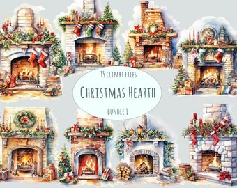 Watercolor Christmas Fireplace Clipart, Cozy Holiday Interior Decor, Winter Home Illustration PNG, Commercial Use, Christmas clipart