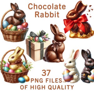 Imágenes prediseñadas de conejito de chocolate / 37 conejos de Pascua PNG, huevos de caramelo / conejitos de chocolate dorados, sublimación navideña, arte imprimible de Pascua de primavera