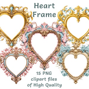 Clipart de moldura de coração, 15 PNGs românticos em aquarela, download digital para convites de casamento, artesanato com tema de amor, arte instantânea para projetos DIY