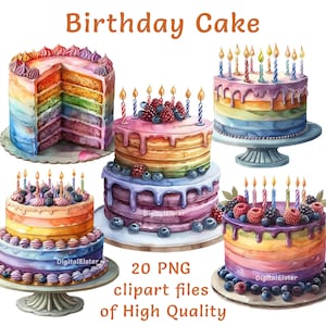 Clipart de gâteau | Clipart anniversaire | 20 fichiers PNG | Usage commercial, impression par sublimation, clipart premier anniversaire, faire-part autocollant, clipart nourriture
