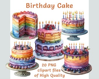 Cake Clipart | Birthday Clipart | 20 PNG Files | Commercial Use, Sublimation Print, First Birthday Clipart, Invitation Sticker, Food Clipart