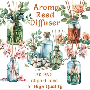 Difusor de aromas / 20 archivos PNG / Acuarela de spa / Uso comercial / Pegatinas de bienestar / Imprimibles de pared para estudio / Difusor de varillas