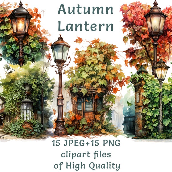 Lantern Light Pole Clipart Collection - 15 Rustic Watercolor PNG and JPEG Images of Street Lighting for Commercial Use, Autumnal Glow