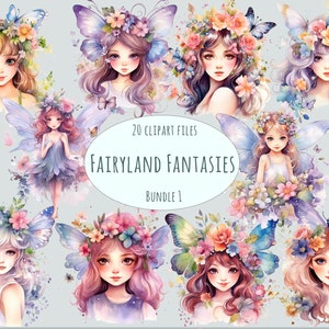 Fee und Pixie Clipart Sammlung, 20 Aquarell verzauberte Waldkreaturen PNG Dateien, wunderliche Feen Grafiken, kommerzielle Nutzung Kinderzimmer Kunst