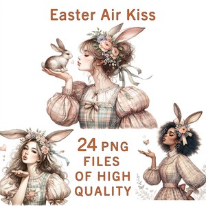 Pasen-clipart | Luchtkus Pasen | 24 png-bestanden | Vrouw clipart | Aquarel paashaas | Commercieel gebruik | Vintage lente-clipartbundel