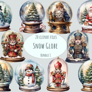Op de afbeelding: Een set van 20 digitale clipart-bestanden met verschillende kerst-sneeuwbollen. De sneeuwbollen tonen een sneeuwpop, een kerstboom, Sinterklaas, een notenkraker en een koning. De tekst "20 CLIPART FILES SNOW GLOBE BUNDLE 1" wordt in het midden van de afbeelding weergegeven.