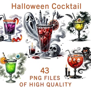 May include: A watercolour illustration of Halloween-themed cocktails. The image shows various cocktails with skulls, eyeballs, and other spooky decorations. The text at the top reads "Halloween Cocktail" and "43 PNG FILES OF HIGH QUALITY" at the bottom.