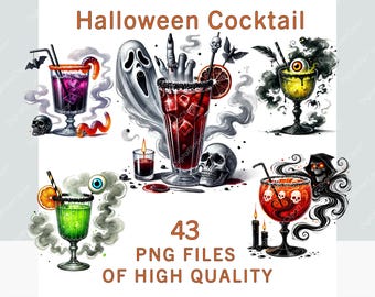 Halloween-drycker clipart-paket, akvarell cocktail clipart, mocktail-set för kommersiellt bruk, sublimeringstryck digitalt klistermärkespaket, fest png