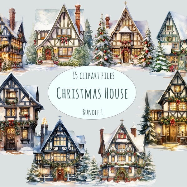 Aquarell Weihnachten Haus Clipart, 15 hochwertige PNG, dekoriert Fachwerkhäuser Fachwerk Clip Art kommerzielle Nutzung Printables Aufkleber