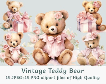 Puede incluir: Cinco ilustraciones de acuarela de osos de peluche vintage con lazos rosas y detalles florales. Los osos llevan vestidos y sombreros. Algunos de los osos sostienen regalos.