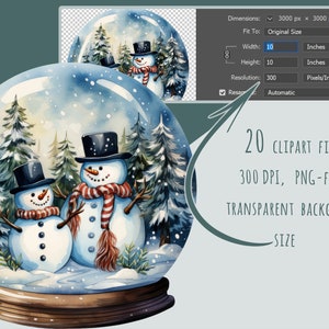 Set di clipart di sfere di neve di Natale, sfondo trasparente, uso commerciale, pacchetto di Babbo Natale acquerello, adesivi di Natale, 15 file PNG/JPEG,