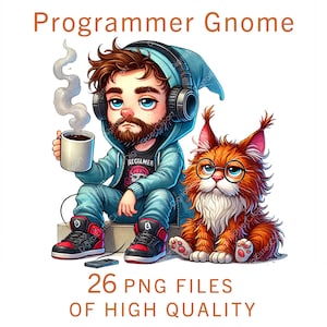 Programmer Clipart | 26 PNG | Watercolor Gnome clipart | Commercial use sublimation print digital orange cat software stickers bundle