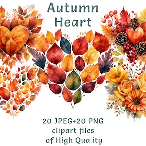 Clipart de buquê de outono | 15 PNG e JPEG, ilustrações de corações de outono em aquarela, gráficos de casamento para uso comercial, decoração romântica de sublimação de outono
