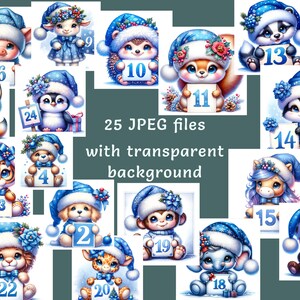May include: A collection of 25 JPEG files featuring adorable watercolor illustrations of various animals, each wearing a blue winter hat and holding a sign with a number. The text "25 JPEG files with transparent background" is also present.