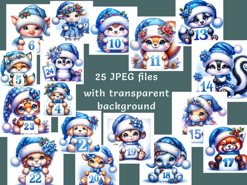 May include: A collection of 25 JPEG files featuring adorable watercolor illustrations of various animals, each wearing a blue winter hat and holding a sign with a number. The text "25 JPEG files with transparent background" is also present.