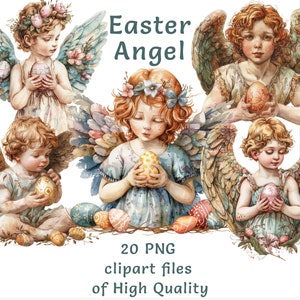 May include: Five watercolor illustrations of Easter angels holding decorated eggs. Each angel has wings and is wearing a white or blue dress. The angels are surrounded by flowers and leaves.