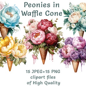 Pfingstrose in Waffeltüte Clipart, 15 Hochzeit Blumen PNG & JPEG, Aquarell Blumen Eis Illustrationen, Brautstrauß Kegel, romantische Kunst