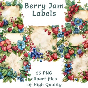 Aquarell Beerenmarmelade Etiketten Clipart - 25 PNG, anpassbare Fruchtkonserve Tags für den kommerziellen Gebrauch, sofortiger Download Sweet Food Aufkleber
