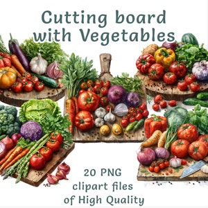 Cutting Board with Vegetables Clipart - 20 Watercolor PNGs, Kitchen Decor Digital Art, Instant Download, Printable Vegetable Illustrations