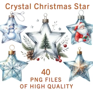 Clipart kerstkristalster, 40 png, commercieel gebruik, hoge resolutie, vakantiestickers, digitale illustraties, feestelijke wintersterafbeeldingen