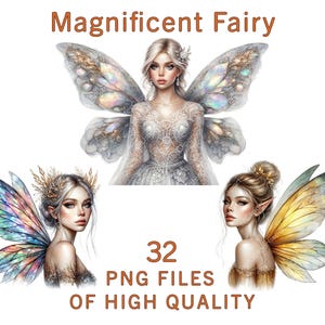 Fairy Clipart Set | 32 PNG | Elegant Fantasy Fairies with Magical Wings | Ethereal Dresses for Sublimation, Invitations & Digital Art