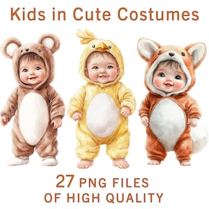 Kinderen in pluche kostuums clipart, aquarel kinderkamer kunst, 27 png-bestanden commercieel gebruik, schattige dieren kostuums, babykamer decor, instant download